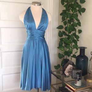 Sky blue 100% silk Halter cocktail dress